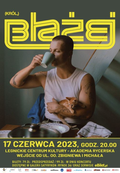 Grafika promujca koncert Baeja Krla - artysta z kotem na rkach pije z kubka