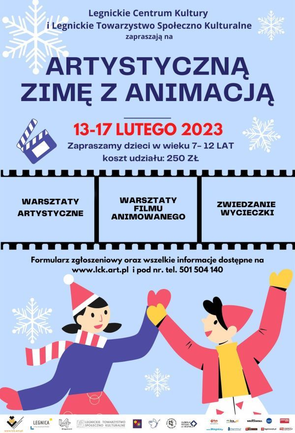 Plakat promujcy Artystyczn zim z animacj - rysunkowe dzieci bawice si na niegu