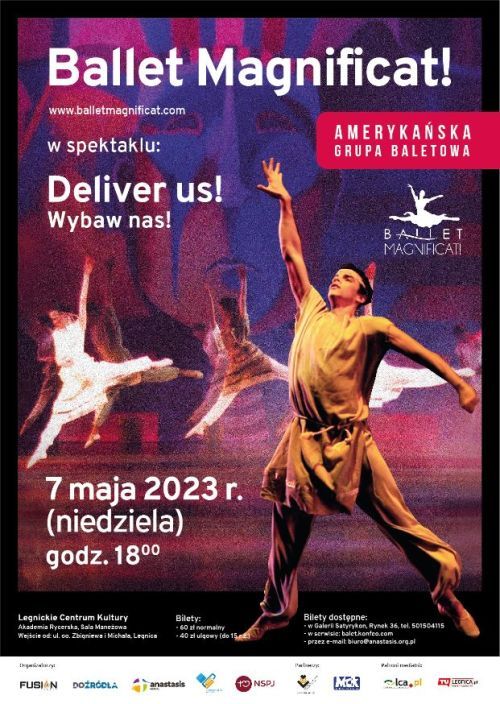 Plakat promujcy Ballet Magnificat - na pierwszy planie tancerz z uniesion praw rk, w tle rozmyte postaci innych tancerzy