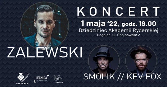 Plakat promujcy koncert Zalewski, Smolik // Kev Fox - zdjcia trzech mczyzn na ciemnym tle