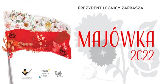 Plakat legnickiej Majwki 2022 - biao-czerwona flaga na tle kwiatw