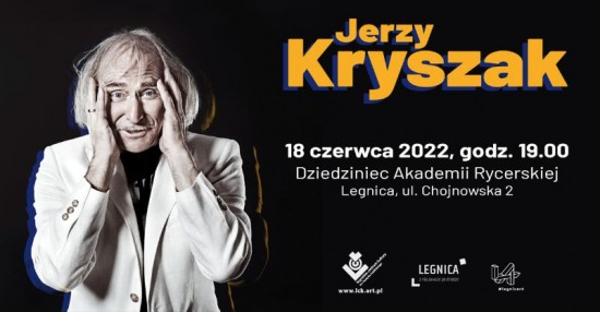 Plakat promujcy wydarzenie - Jerzy Kryszak apie si za gow na czarnym tle